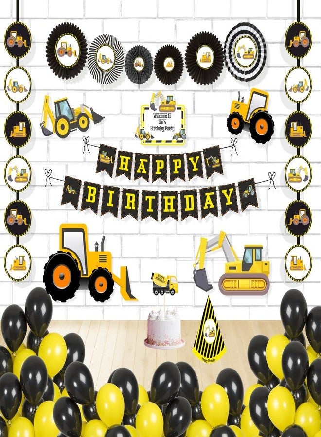 Untumble Construction Theme Birthday decoration party supplies combo pack JCB Theme Birthday kit with Banner Paper fans Danglers Posters Cake topper Hat and Balloons (Pack of 56, Yellow & Black) - Image 1